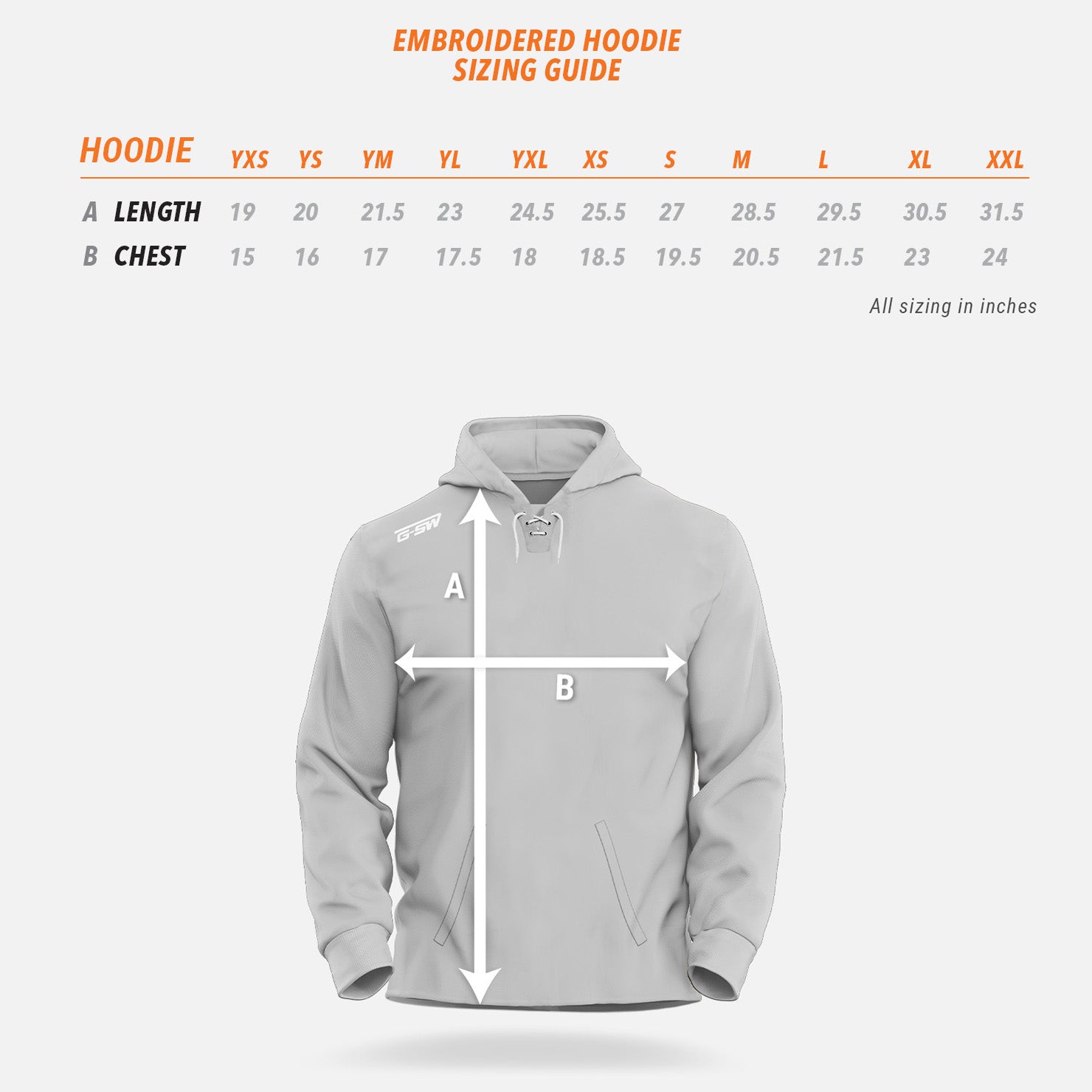 Embroidered Hoodie Sizing Guide