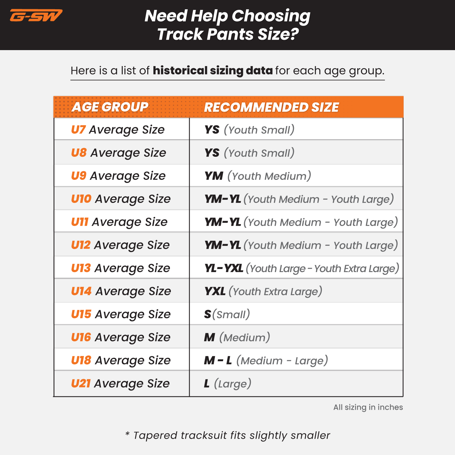 Track Pants Historical Sizing Chart