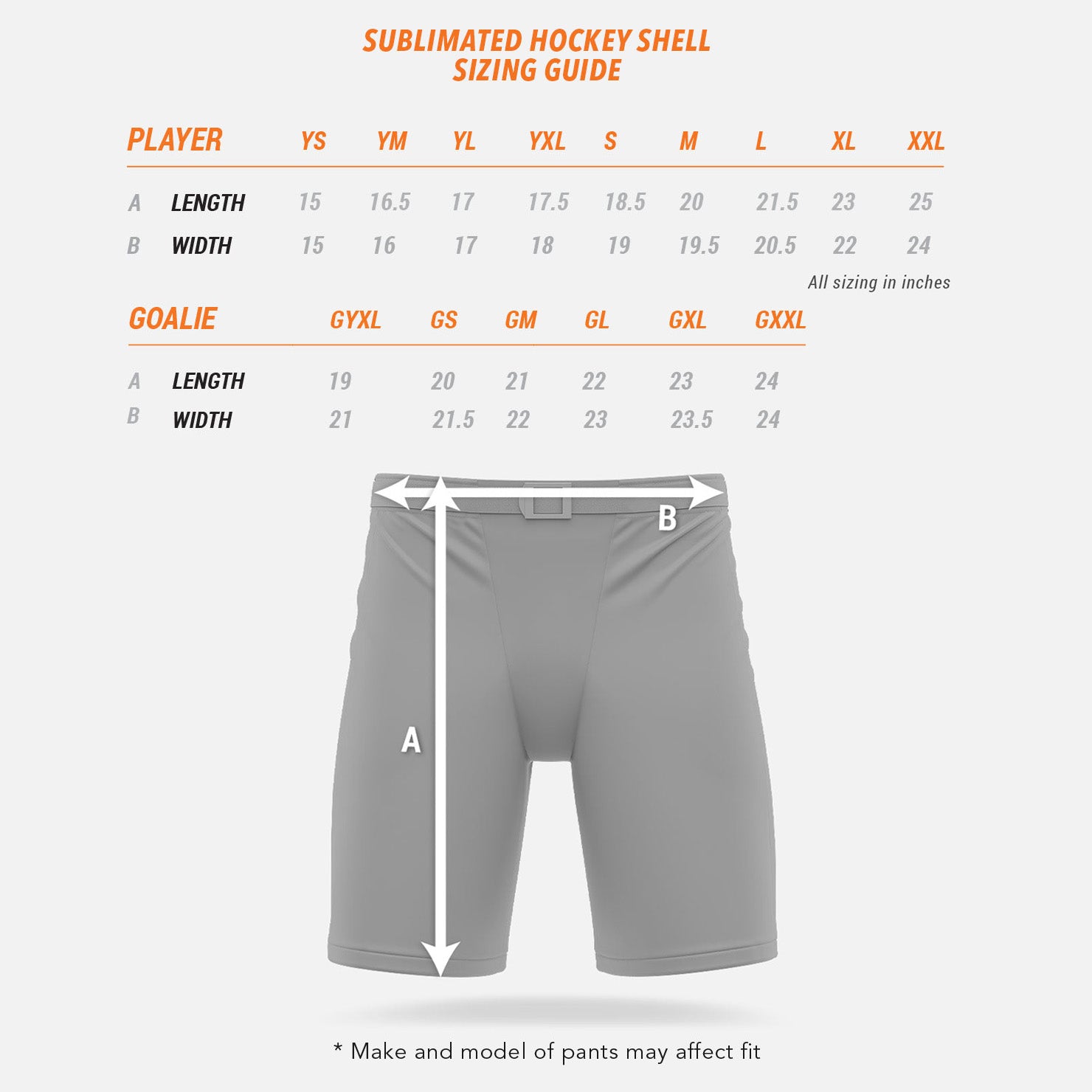 Hockey Shell Sizing Guide