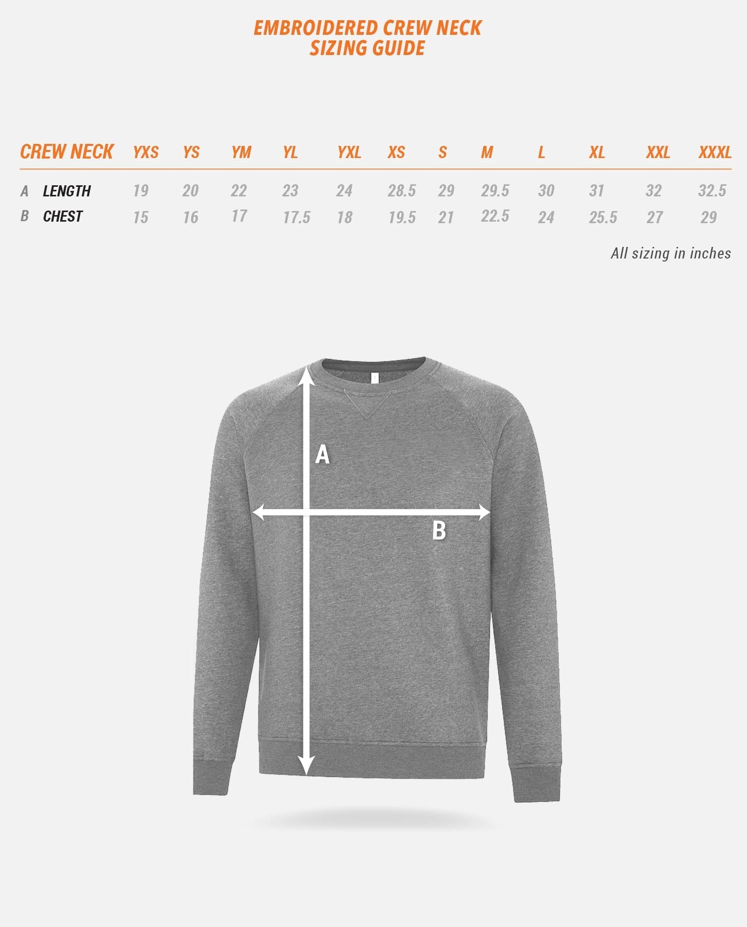 Embroidered Crew Neck Sizing Guide