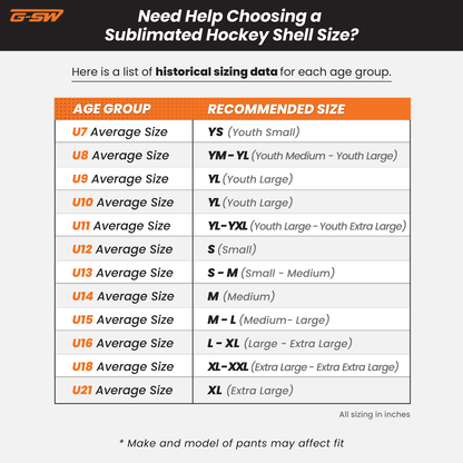 Sublimated Hockey Shell historical sizing chart