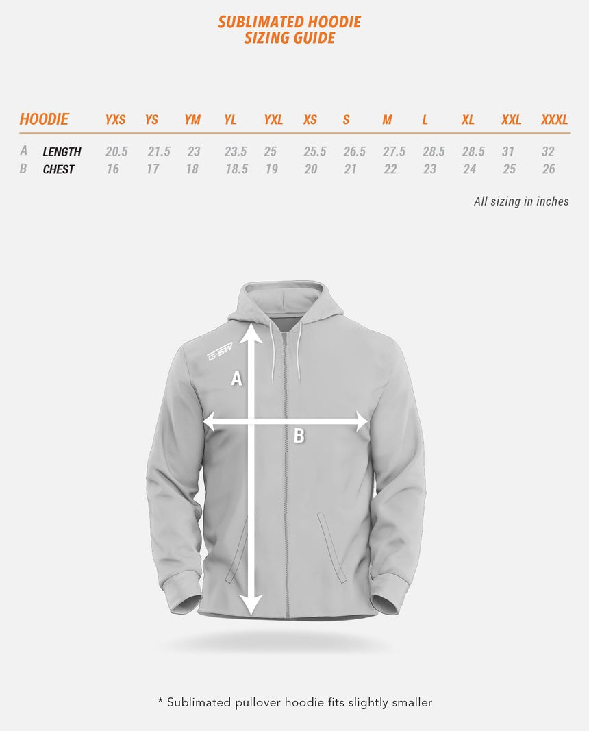 Sublimated Hoodie Sizing Guide